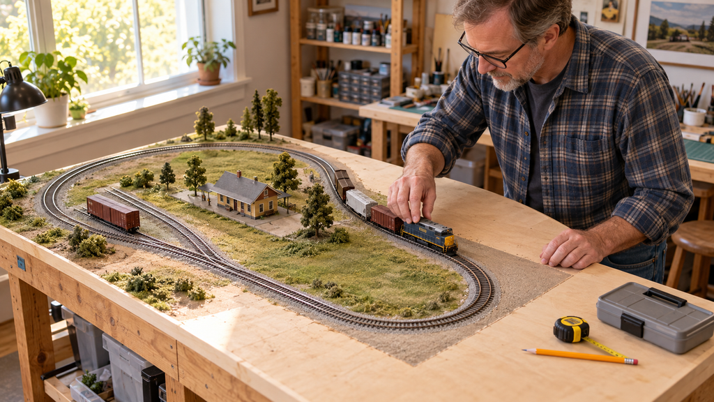 Hobbyist positioning a locomotive on a compact model railroad with oval track and partially finished scenery.
